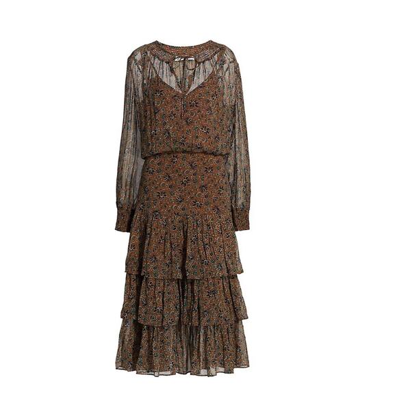 VERONICA BEARD Tunis Tiered Maxi Dress Cinnamon Brown Multi {Q21} - Picture 2 of 4